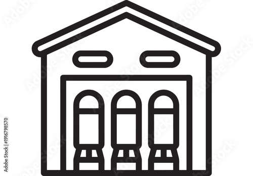 Train depot icon showing railway station building with three subway trains in a garage, minimal black outline pictogram for transport app UI, map marker or signage