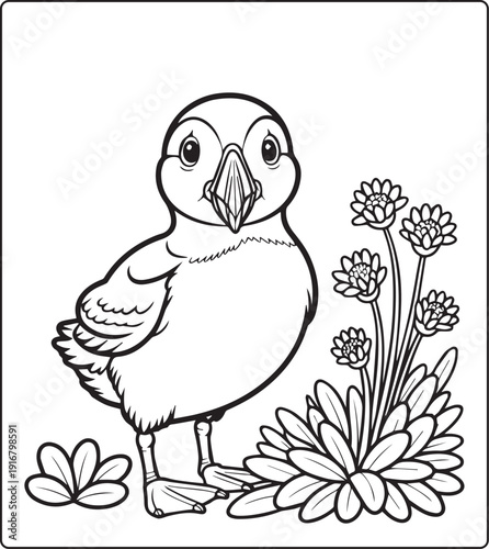 Cute animal with beautiful flowers coloring page for kids and adults, black line art vector illustration for 
activity page or book design