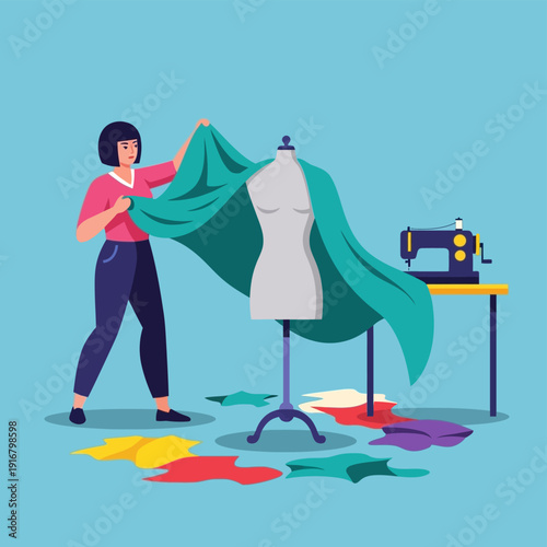 Seamstress Working on Green Fabric Dress.