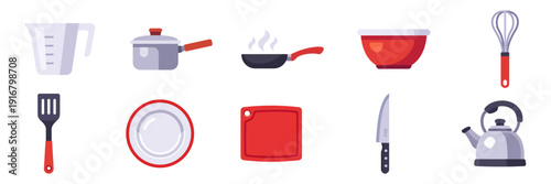 Set of red, gray and white kitchen icons, knife, frying pan, kettle, saucepan, cutting board, whisk, colorful collection with vector flat illustrations
