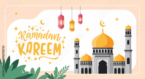Ramadan Kareem Mosque Illustration For Greeting Card.