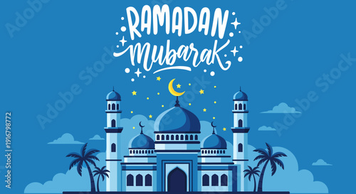 Ramadan Mosque Illustration with Crescent Moon.