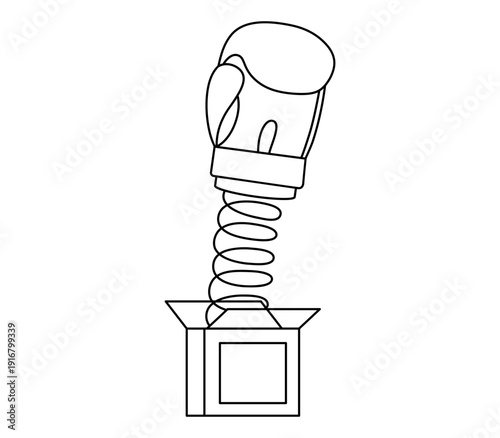 Hand drawn cute outline illustration boxing glove on spring. Flat vector funny toy from box line art doodle. Surprise or sudden joke sticker, icon. Unexpected hit or punch. April fools day. Isolated.