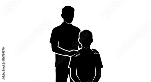 Silhouette of a man and a boy standing together looking ahead white background black outlines supportive gesture family bonding concept