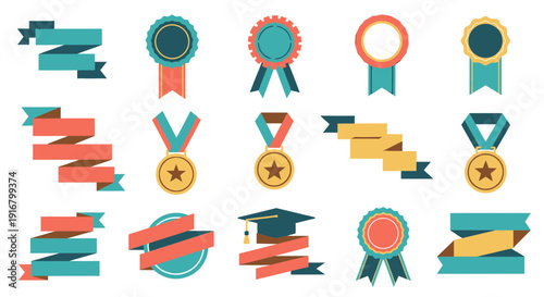 Collection of colorful award ribbons medals and graduation icons on white background for recognition and achievement