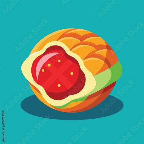 A round. stylized sandwich with red filling and a light yellow filling is shown.