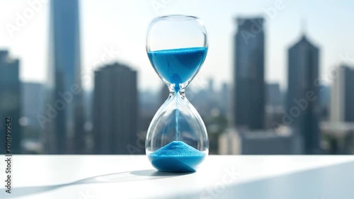 Hourglass with blue sand against a blurred cityscape background, symbolizing the passage of time and urban life