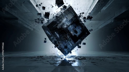 Abstract Dark Cube Shattering into Fragments with Light Rays.