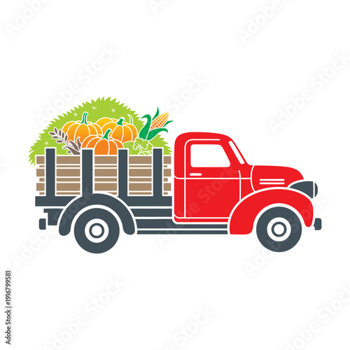 Red Truck Carrying Fresh Vegetables and Carrots.