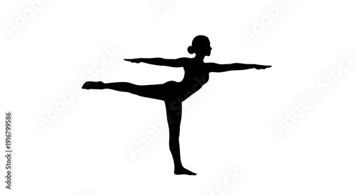 Woman in dynamic yoga pose with one leg lifted and arms outstretched in black silhouette on white background
