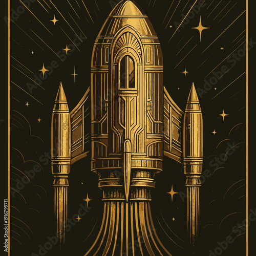 Retro-style rocket illustration on a starry background with golden details