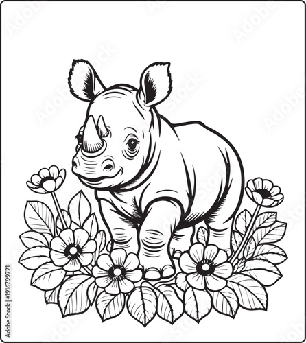 Cute animal with beautiful flowers coloring page for kids and adults, black line art vector illustration for 
activity page or book design