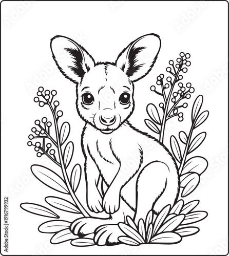 Cute animal with beautiful flowers coloring page for kids and adults, black line art vector illustration for 
activity page or book design