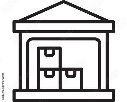 Warehouse storage icon with stacked boxes and open bay door, bold black outline on white background, logistics inventory distribution concept for apps and web UI