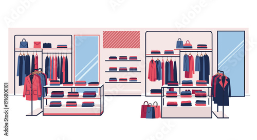 Interior view of a contemporary fashion boutique with organized racks of clothes and shelves featuring modern apparel and accessories.