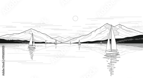 Peaceful monochrome landscape of a large lake surrounded by high mountains with several sailboats floating on the calm water surface.