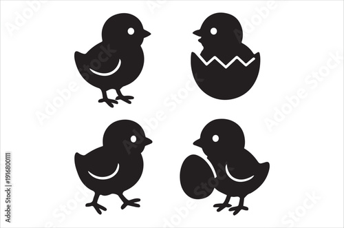 Simple black silhouette icons depicting baby chicks and a cracked eggshell showing new life