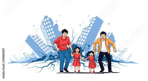 Panic and chaos as two men and children run away from collapsing city buildings during a massive earthquake natural disaster.