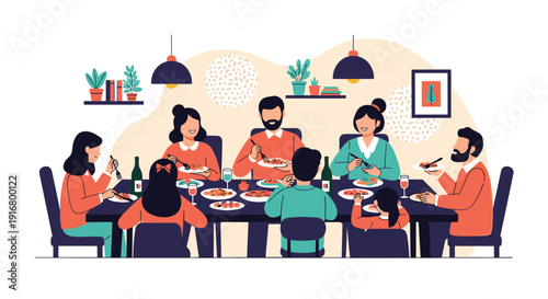 Large happy family sitting around a long dinner table sharing a healthy meal and enjoying each others company at home.