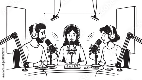 Three Podcasters Recording in Studio with Microphones and Headphones