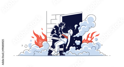 Brave firefighter carrying a woman to safety from a burning building surrounded by thick smoke and bright orange flames.