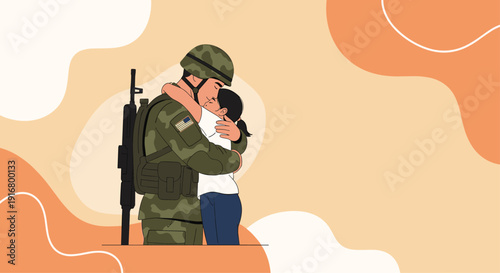 Emotional reunion scene showing a soldier in camouflage uniform hugging a young girl with an abstract warm colored background.