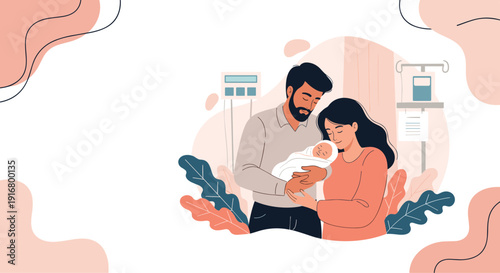 Happy parents tenderly holding their newborn baby in a hospital room with medical equipment in a soft and warm atmosphere.