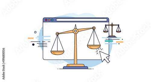 Digital justice and legal system concept featuring the scales of justice displayed on a web browser window interface with a cursor.
