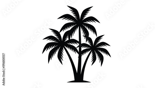 Isolated black silhouette of three tropical palm trees.