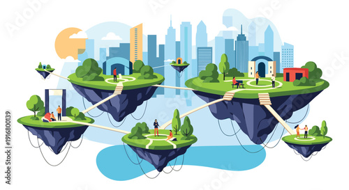 Futuristic concept of connected floating islands with modern buildings and parks where people live in a high tech ecosystem.