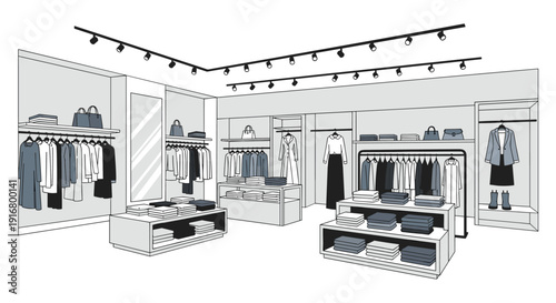 Elegant monochrome interior of a high end fashion boutique showing various clothing collections on racks and display tables.