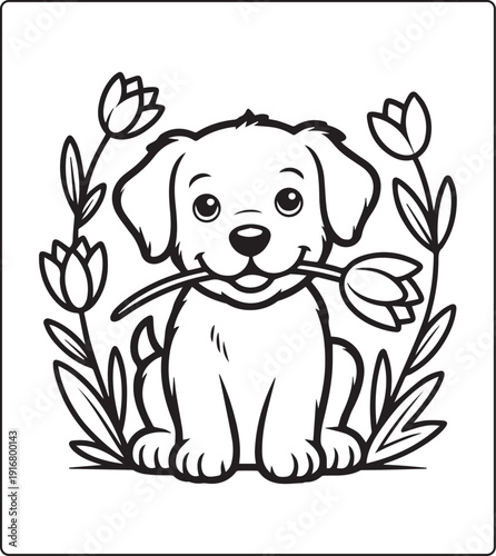 Cute animal with beautiful flowers coloring page for kids and adults, black line art vector illustration for 
activity page or book design