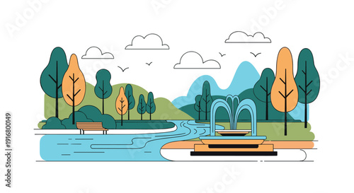 Beautiful public park scene with green trees, mountains, a flowing stream, and a decorative water fountain in the foreground.