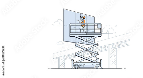 Construction worker in a safety helmet and harness using a scissor lift to install a large panel on a highway structure.