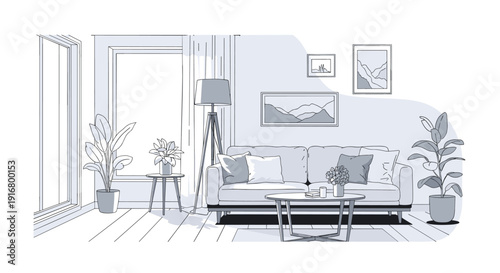 Modern living room interior sketch in shades of grey featuring a comfortable sofa, potted plants, and abstract wall art.