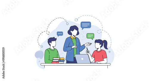 Professional female teacher or mentor explaining educational concepts to two students with speech bubbles and a laptop in a classroom.