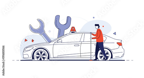 Professional auto mechanic inspecting a white car with a flat tire using a jack and large wrenches in a repair shop.