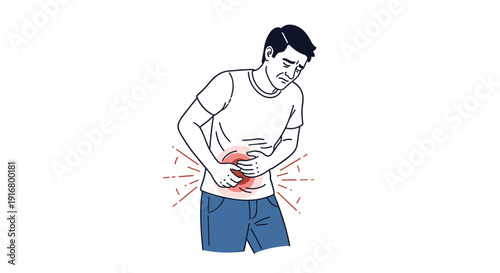 Young man standing and suffering from sharp stomach pain while holding his abdomen in an illustration of a medical condition.
