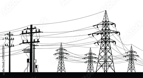 Silhouette of multiple electrical transmission towers and power lines stretching across the landscape against a white sky background.