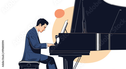 Talented male pianist in a formal blue suit playing a grand piano with passion and focus on a minimalist artistic background.
