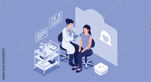 Healthcare professional in a white coat administers a vaccine injection to a patient in a sterile clinical room environment.