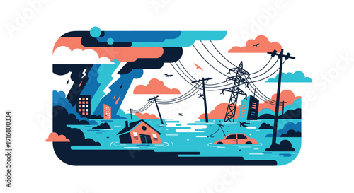 Destructive flood in an urban area features submerged houses, cars, and broken power lines under a heavy rainstorm and lightning.