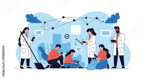Scientific research team in lab coats collaborates on a project while others clean the environment under a network of data nodes.