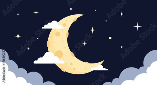Peaceful night sky illustration shows a large cratered crescent moon surrounded by twinkling stars and soft fluffy blue clouds.