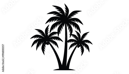 Simple black silhouette of three tropical palm trees isolated on white.