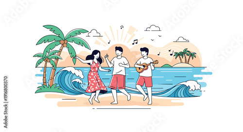 Group of young people enjoys a tropical vacation on a sandy beach by dancing and playing the ukulele near crashing ocean waves.