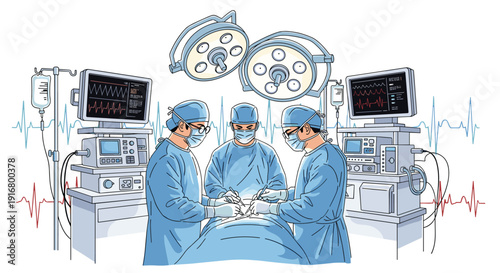 Surgical team of doctors performs a complex medical operation under bright lamps in a room equipped with advanced monitoring systems.