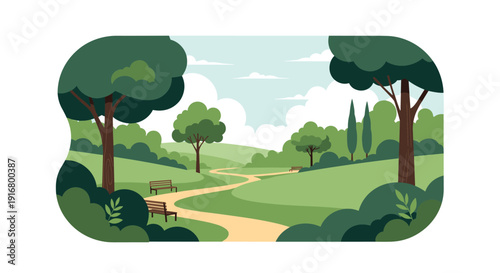 Scenic public park landscape features a winding walking path through green hills, tall trees, and empty benches for relaxation.