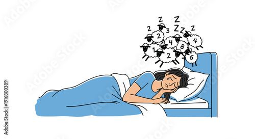 Tired woman lying in bed struggles with insomnia while counting jumping sheep to help her fall asleep during a long night.