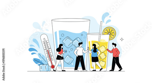 Thirsty people gather around giant glasses of cold water and lemonade with ice cubes to stay hydrated during a hot summer day.